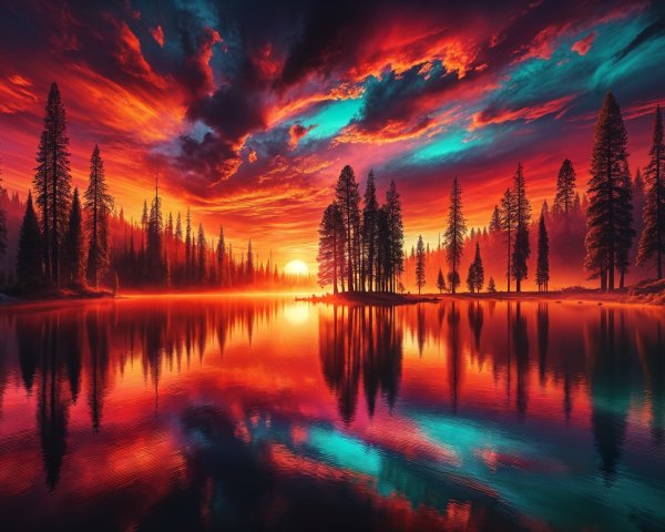 Stunning Sunset Over a Tranquil Lake with Pine Trees