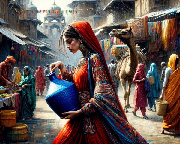 Vibrant Market Scene with Textiles and Camel