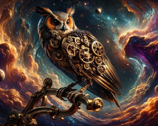 Steampunk Owl on Mechanical Branch in Cosmic Setting