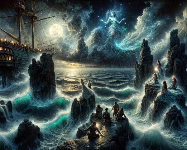 Mystical Night Seascape with Ship and Mermaids