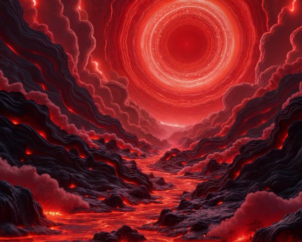 Surreal Landscape with Glowing Red Sun and Lava