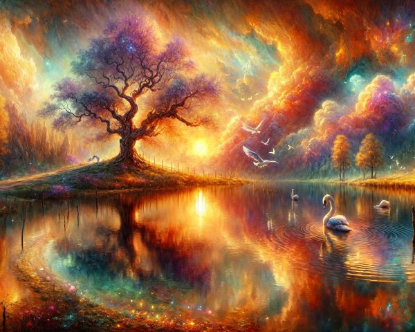 Majestic Tree and Sunset Reflected in Tranquil Lake