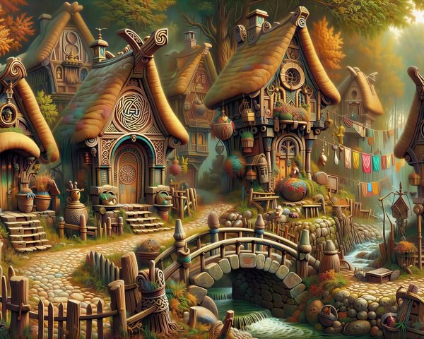 Intricate Village in Whimsical Forest with Hobbit Houses