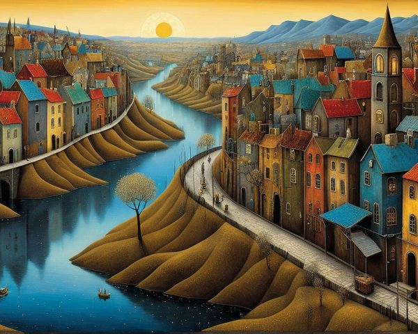 Whimsical Cityscape with River and Colorful Buildings