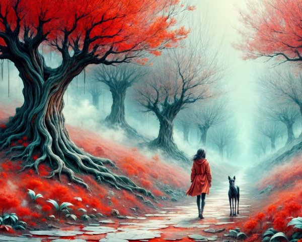 Winding Path in Enchanting Forest with Red Trees