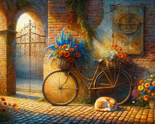 Vintage Bicycle with Flowers by a Brick Wall