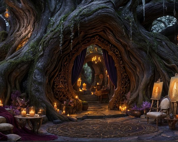 Mystical Treehouse with Cozy Interior and Art Displays