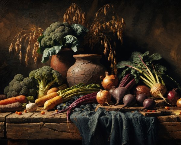 Rustic Wooden Table with Fresh Vegetables Displayed