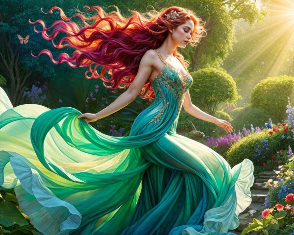 Dancer in Teal Gown Amidst Vibrant Garden Blooms