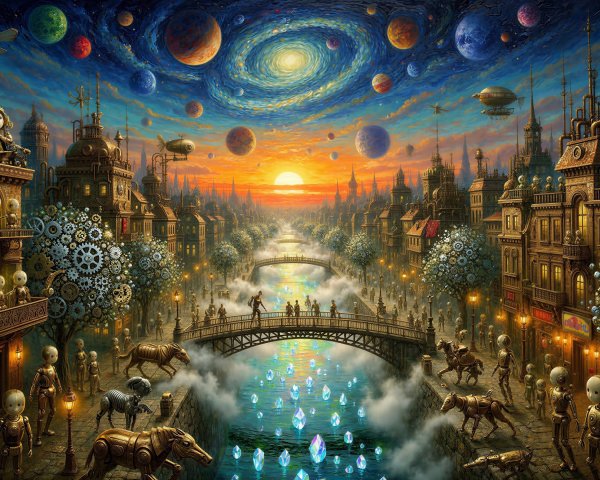 Fantastical Steampunk City with Celestial Sky Elements