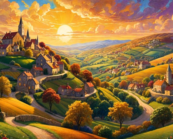 Picturesque Village in Autumn Foliage and Sunset Glow