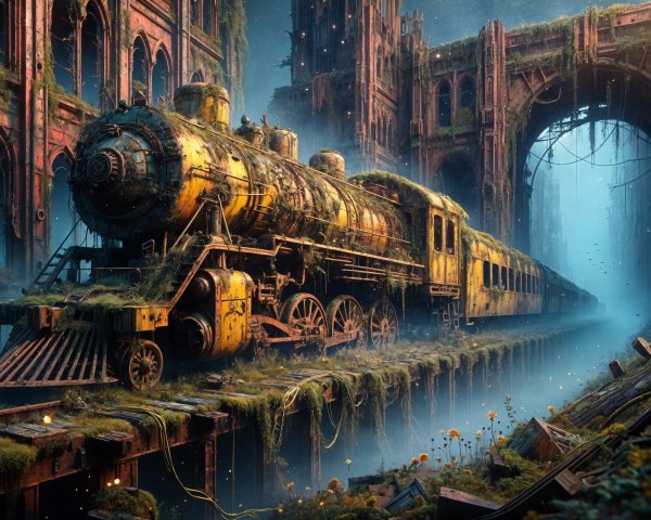 Abandoned Steam Locomotive Surrounded by Nature's Growth