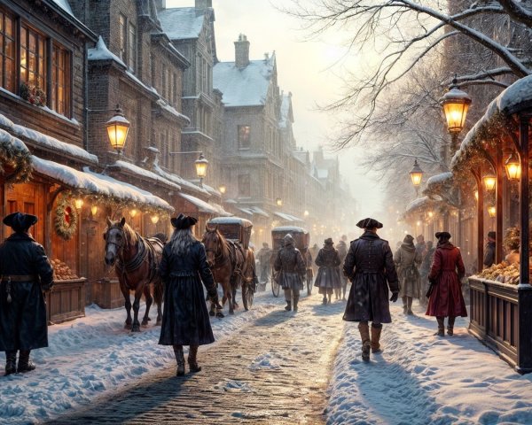 Snow-Covered Street with Historical Shops and Lanterns