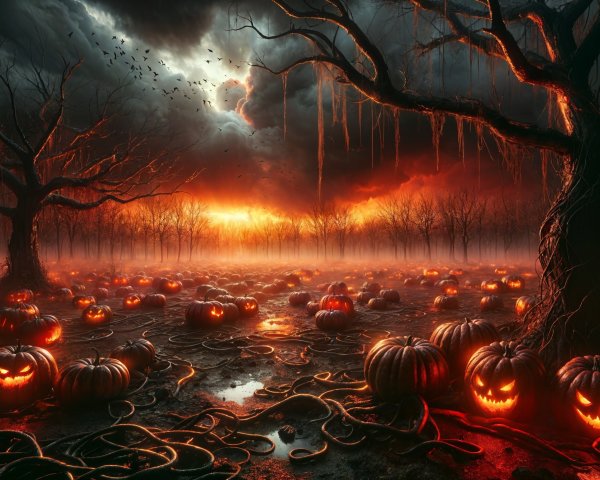 Twilight Landscape with Pumpkins and Eerie Shadows