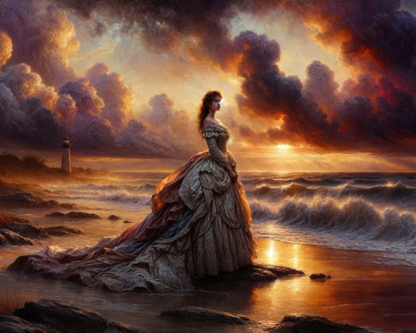 Elegant figure in gown at dramatic sunset shoreline