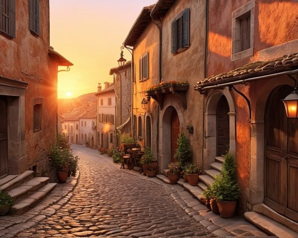Narrow Cobblestone Street at Sunset with Rustic Buildings