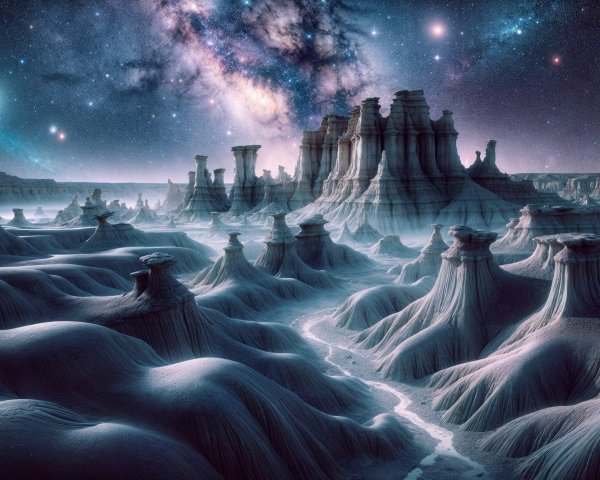 Surreal Landscape Under Cosmic Sky with Rock Formations