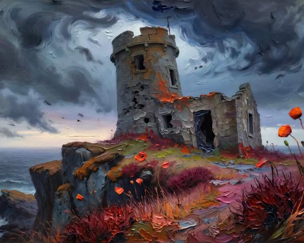 Impasto Oil Painting of Abandoned Castle Tower Ruin