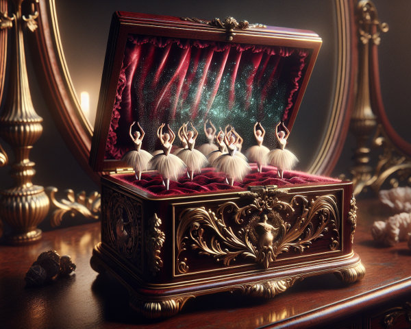 Antique Wooden Music Box with Ballerina Figurines