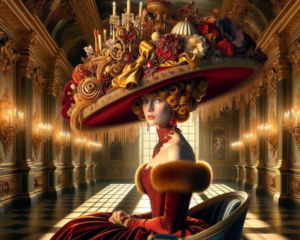 Elegant woman in ornate hall with royal red gown