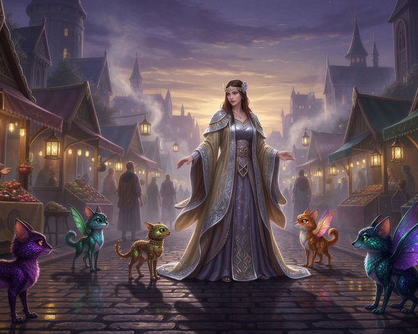 Brunette Woman in Medieval-Fantasy Gown with Creatures