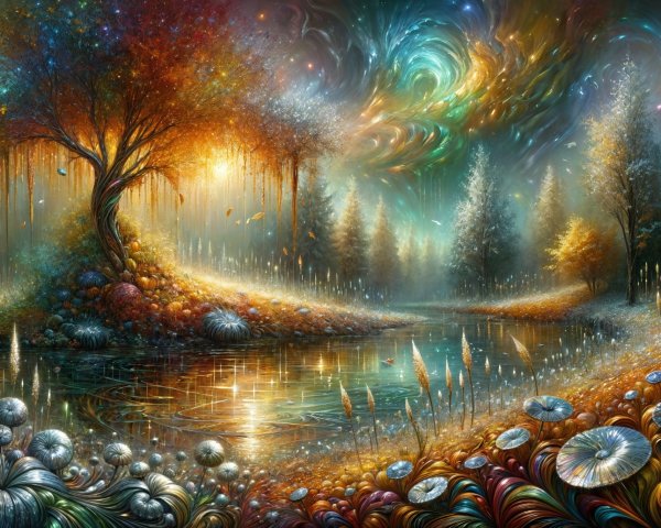 Vibrant Dreamlike Landscape with Night Sky and River