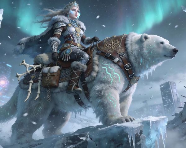 Ice Queen on Polar Bear in Futuristic Frozen Landscape