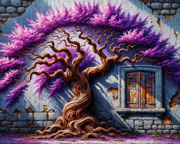 Majestic Twisted Tree with Purple Foliage and Stone Wall