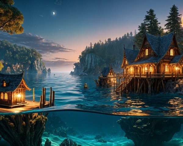 Twilight Landscape with Stilted Houses and Moonlight