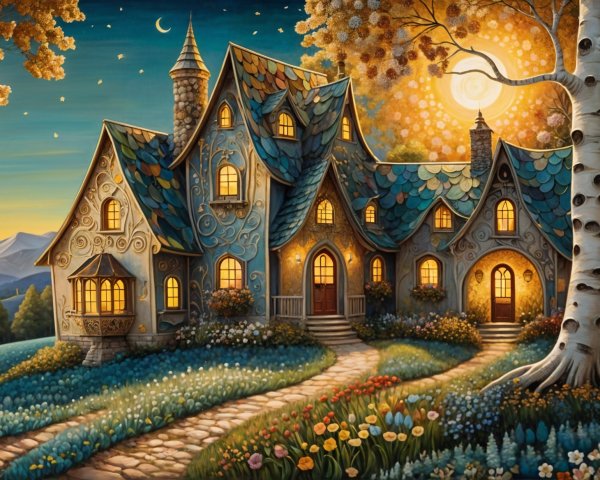 Whimsical Cottage Surrounded by Colorful Flowers