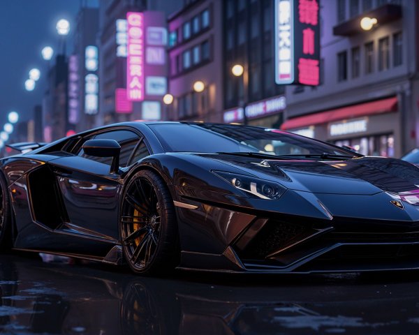 Black Lamborghini Aventador on Rain-Slicked Street