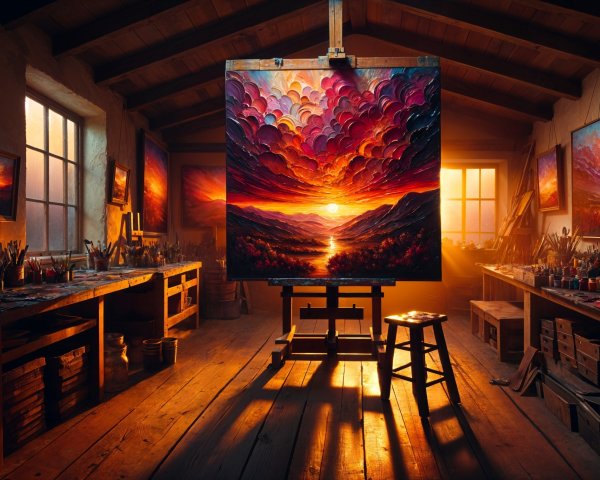 Artist's Studio with Sunset Canvas and Natural Light