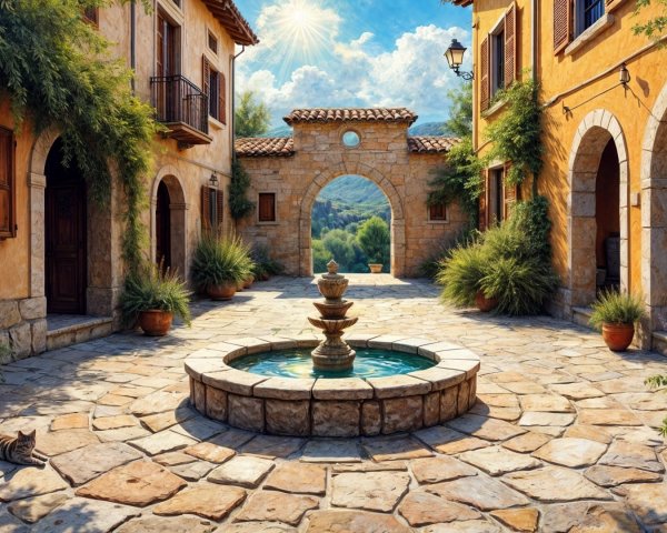 Charming Italian Courtyard with Fountain and Greenery