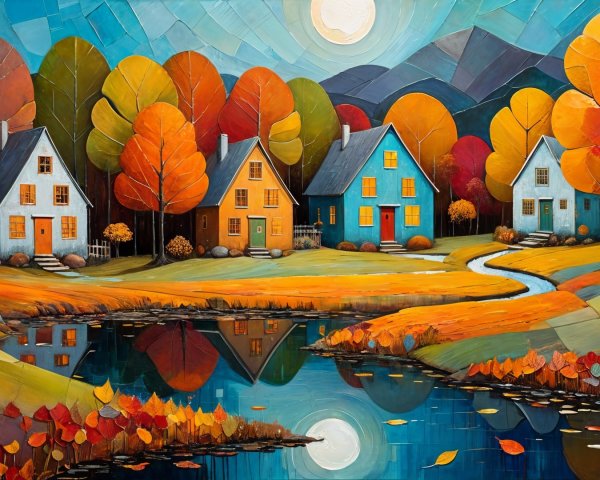 Vibrant Autumn Landscape with Colorful Foliage and Houses