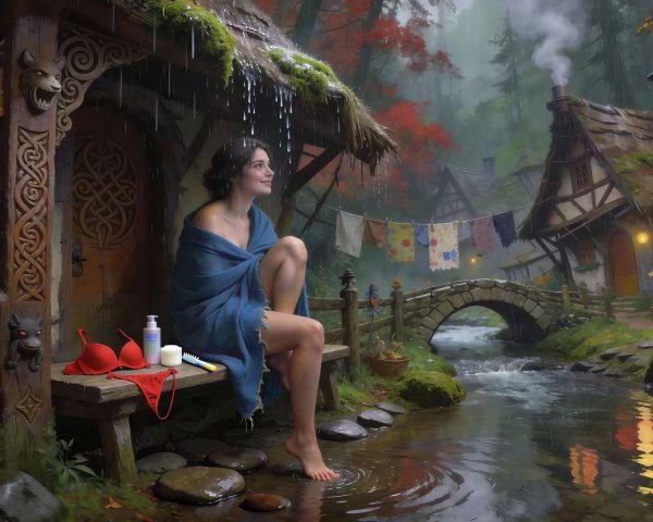 Attractive woman in blue towel by river in village