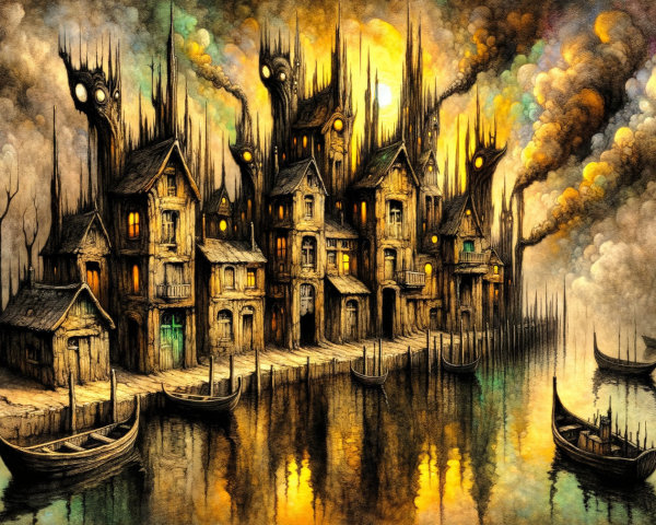 Surreal Townscape by Dark Reflective Water
