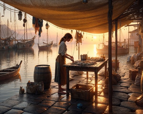 Waterfront Scene at Sunrise with Rustic Charm