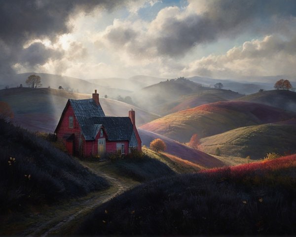 Red House Surrounded by Autumn Foliage and Hills