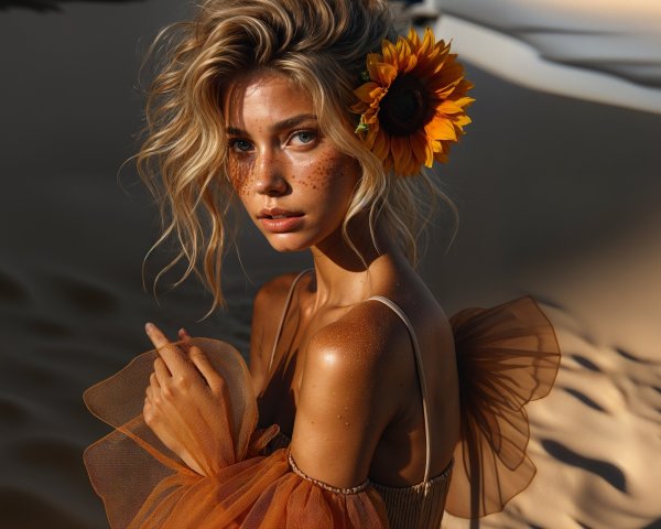Young woman in orange dress with sunflower in dunes
