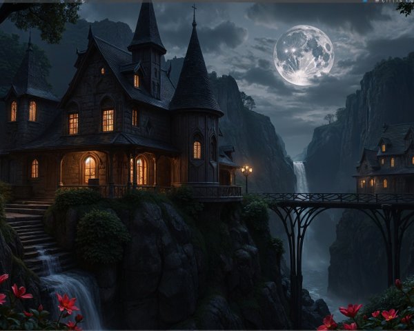 Gothic Mansion in a Mystical Landscape at Night