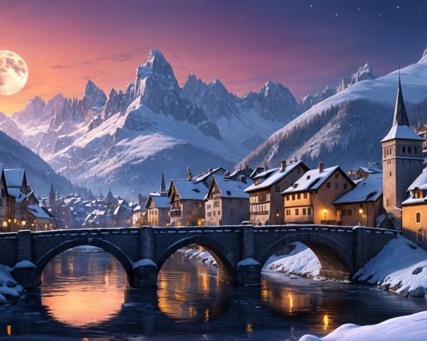 Serene Winter Village Under Twilight Sky and Moonlight