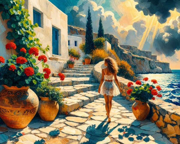 Young woman on stone pathway with geraniums and sea