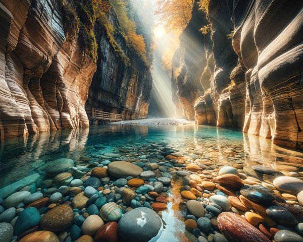 Serene Canyon with Towering Rock Walls and River