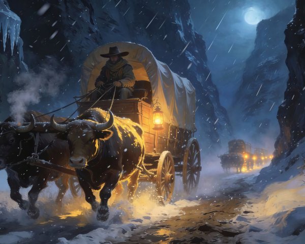 Digital Painting of Cowboys in Snowy Canyon at Night
