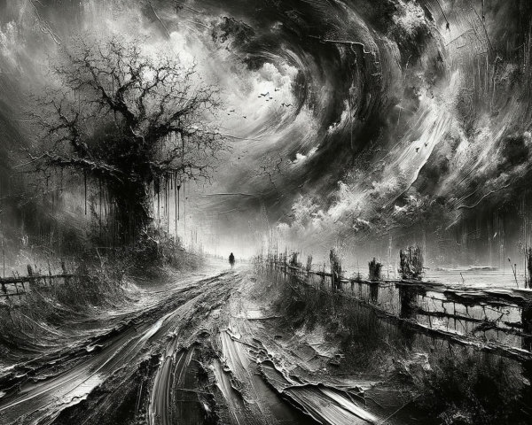 Monochromatic Landscape with Winding Road and Figure