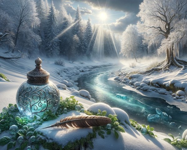 Winter Landscape with Ornate Potion Bottle and River