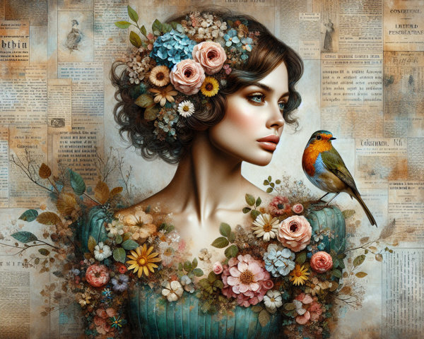 Beautiful woman with floral accents in vintage setting