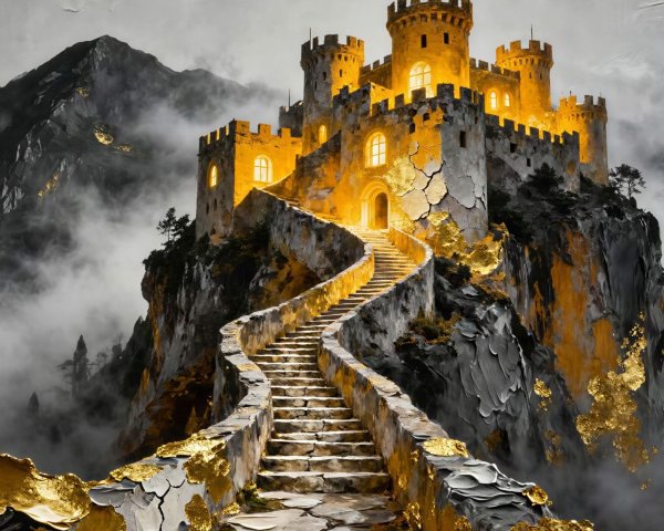 Golden Castle on Cliff Amidst Misty Mountains