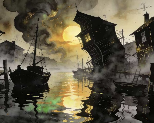 Dark Watercolor Harbor Scene with Moonlit Atmosphere