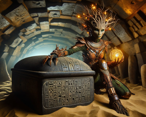 Otherworldly Being by Ancient Sarcophagus in Tunnel